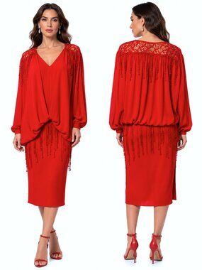 80s Eletra Casadei Red Draped Dress Crochet Lace Fringe Overlay S/M